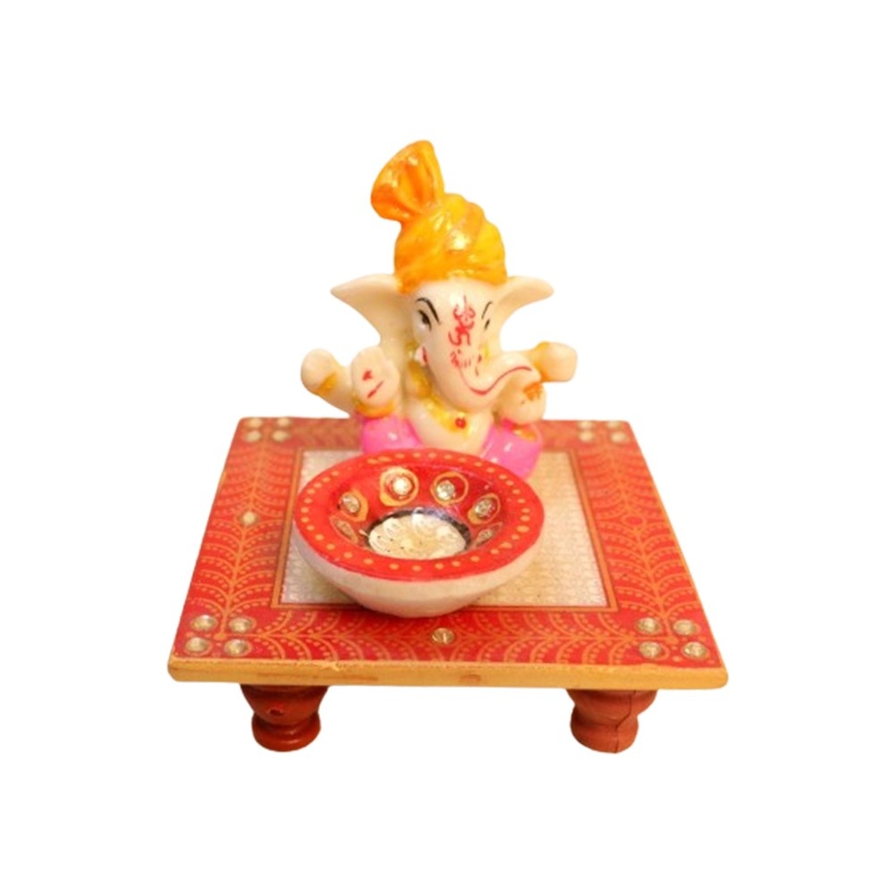 Lord Ganesha Idols with Chowki and Diya for Home Decor Car Dashboard